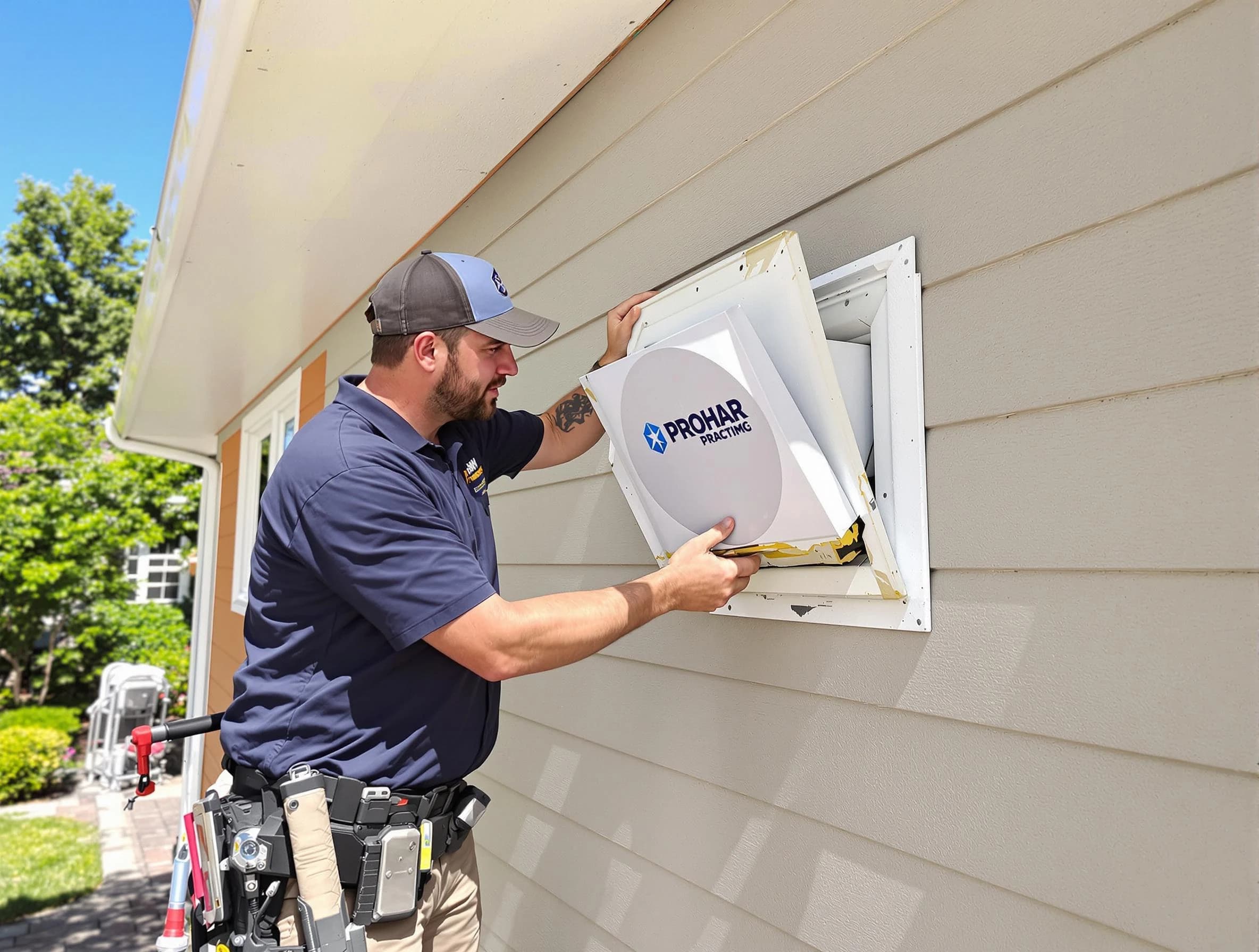 Lilburn Dryer Vent Cleaning technician installing a new protective dryer vent cover on a home in Lilburn