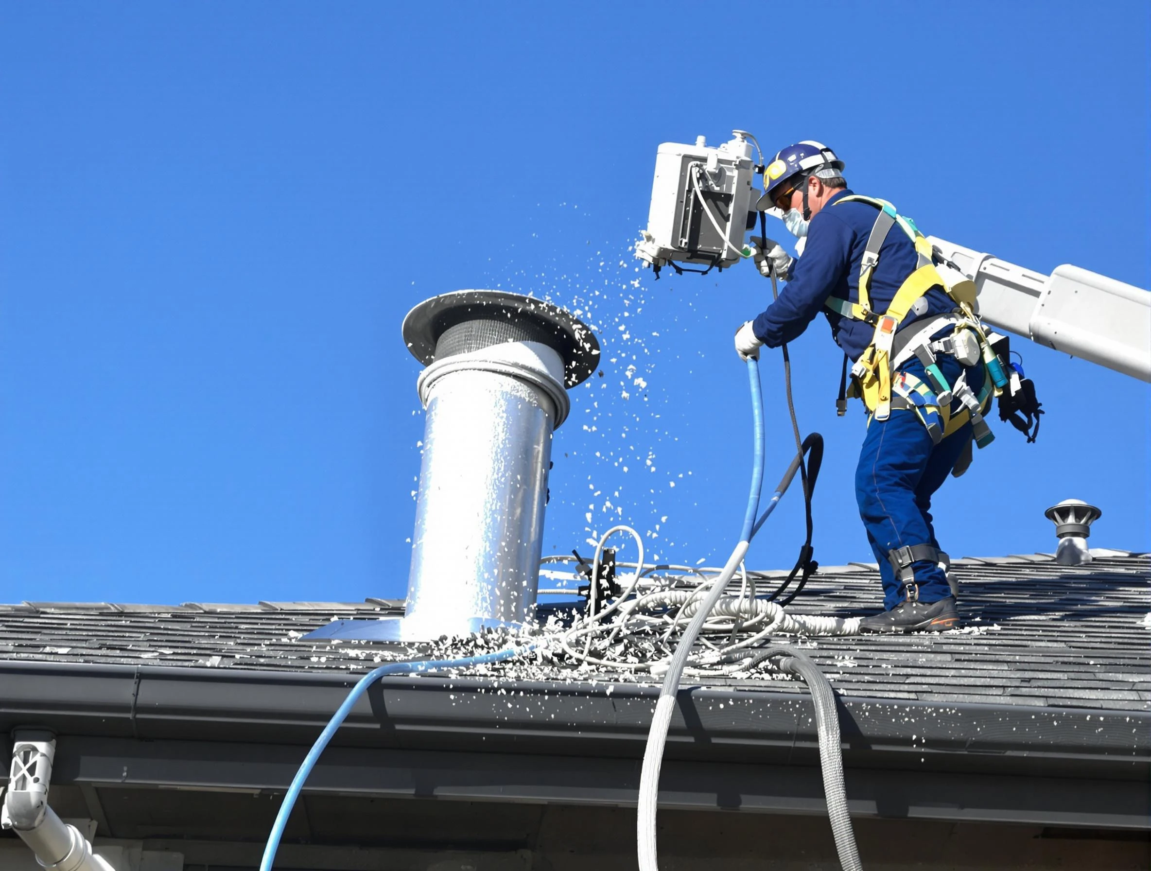 Lilburn Dryer Vent Cleaning certified technician safely cleaning a roof-mounted dryer vent in Lilburn