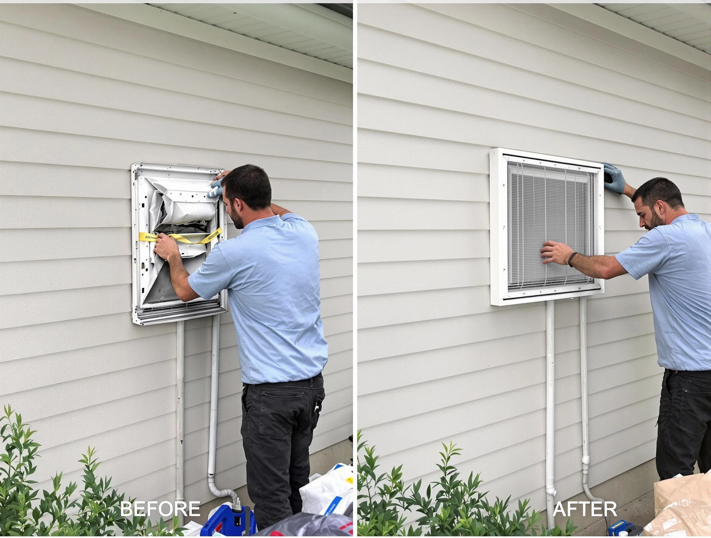 Lilburn Dryer Vent Cleaning technician installing high-quality dryer vent cover at a residential property in Lilburn